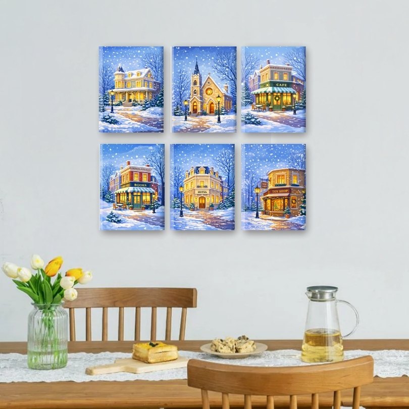 6 Mini-Gemälde | Winterstraße Set