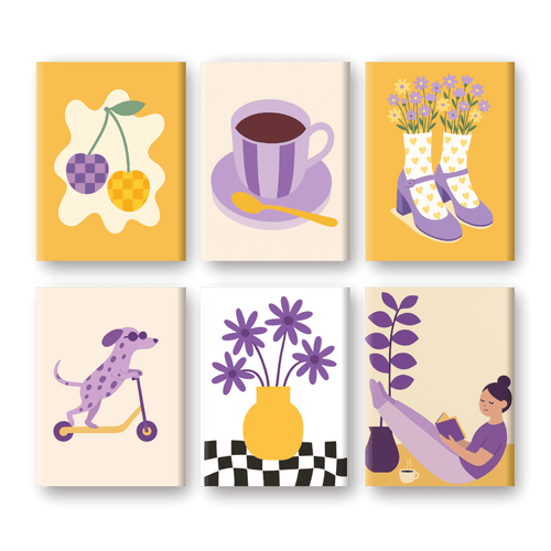 6 Mini-Gemälde | Gelbe und Violette Vibes Set