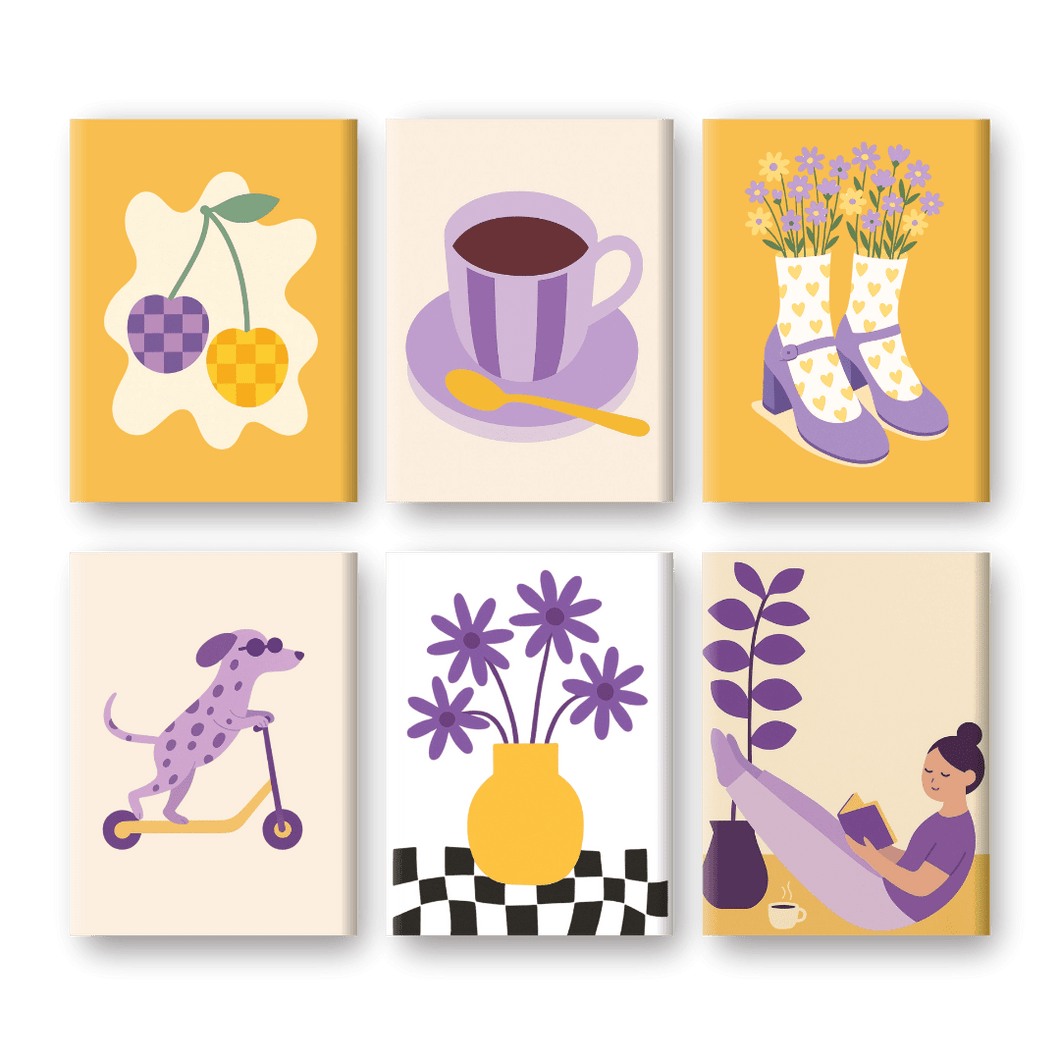 6 Mini Gemälde | Gelbe und Violette Vibes Set