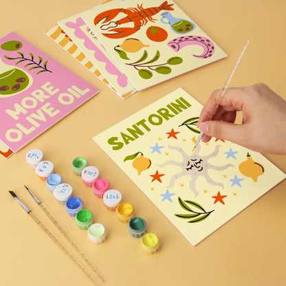 6 Mini-Gemälde auf Holzplatte – Mediterraner Fang Set