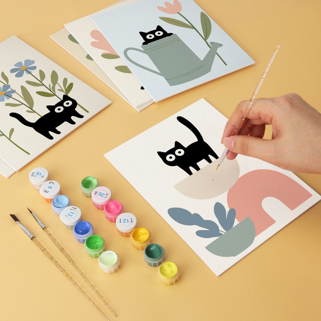 6 Mini-Gemälde auf Holzplatte – Katzen zwischen Pflanzen Set