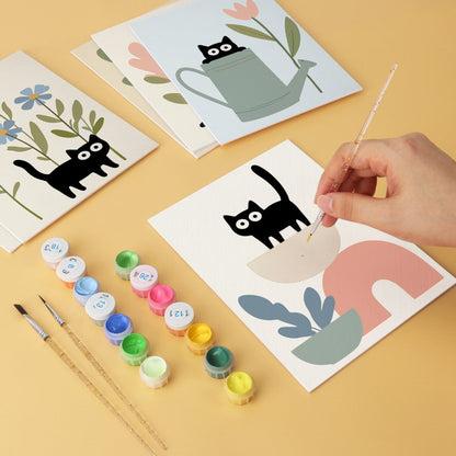 6 Mini-Gemälde auf Holzplatte – Katzen zwischen Pflanzen Set
