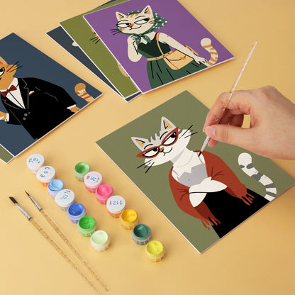 6 Mini-Gemälde auf Holzplatte – Modische Katzen Set