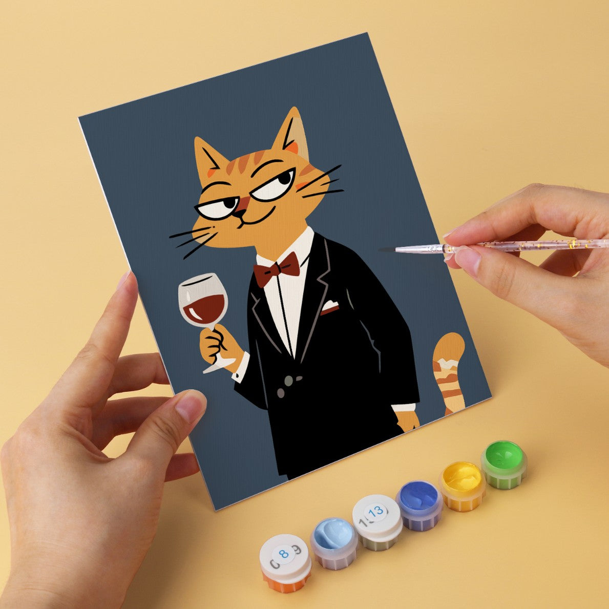 6 Mini-Gemälde auf Holzplatte – Modische Katzen Set