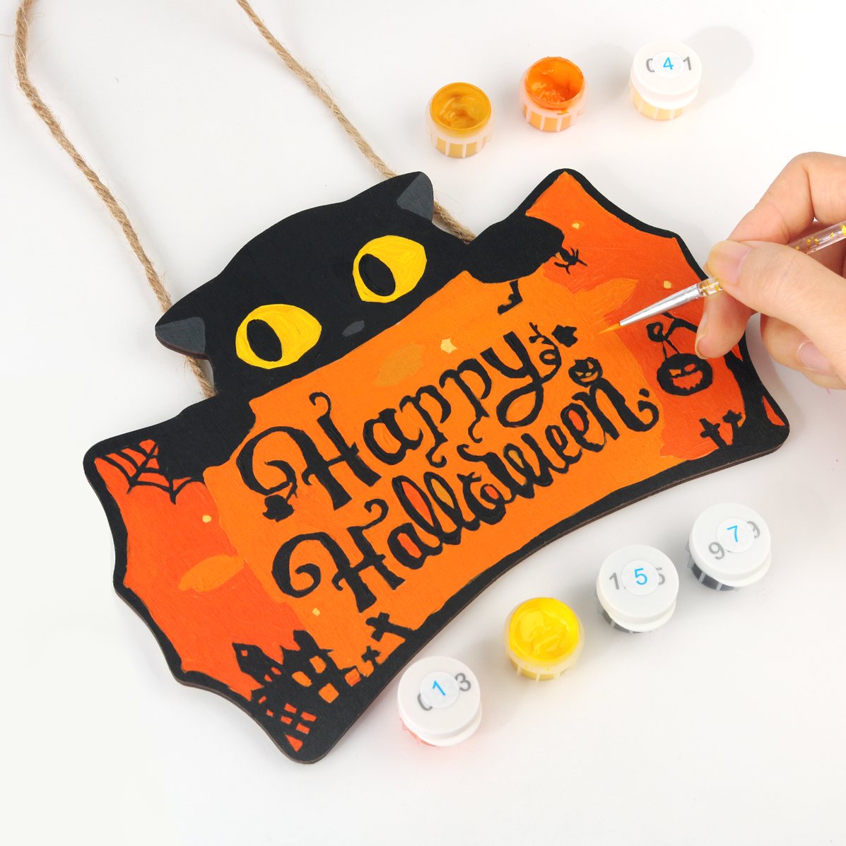 Halloween Katze – Malen nach Zahlen Holzanhänger