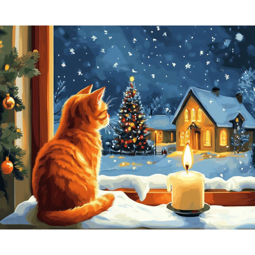 Malen nach Zahlen - Malen nach Zahlen - Katze am Fenster zu Weihnachten