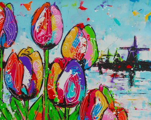 Malen nach Zahlen - Fröhliche Malerei - Tulpen und Mühle