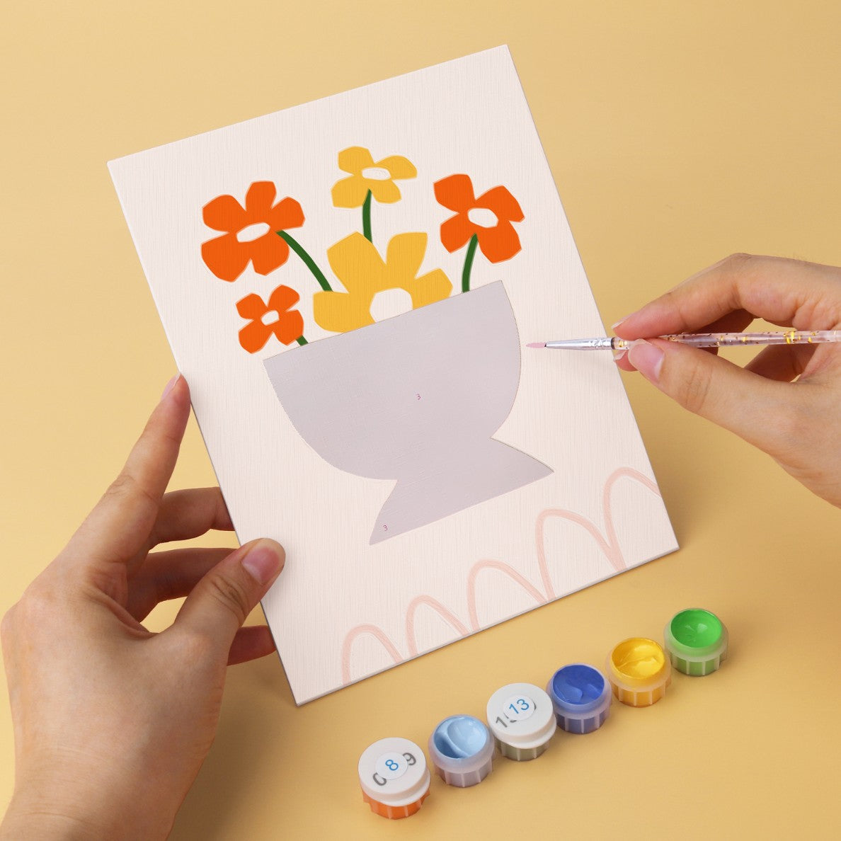 6 Mini-Gemälde auf Holzplatte – Vase voller Blüten Set