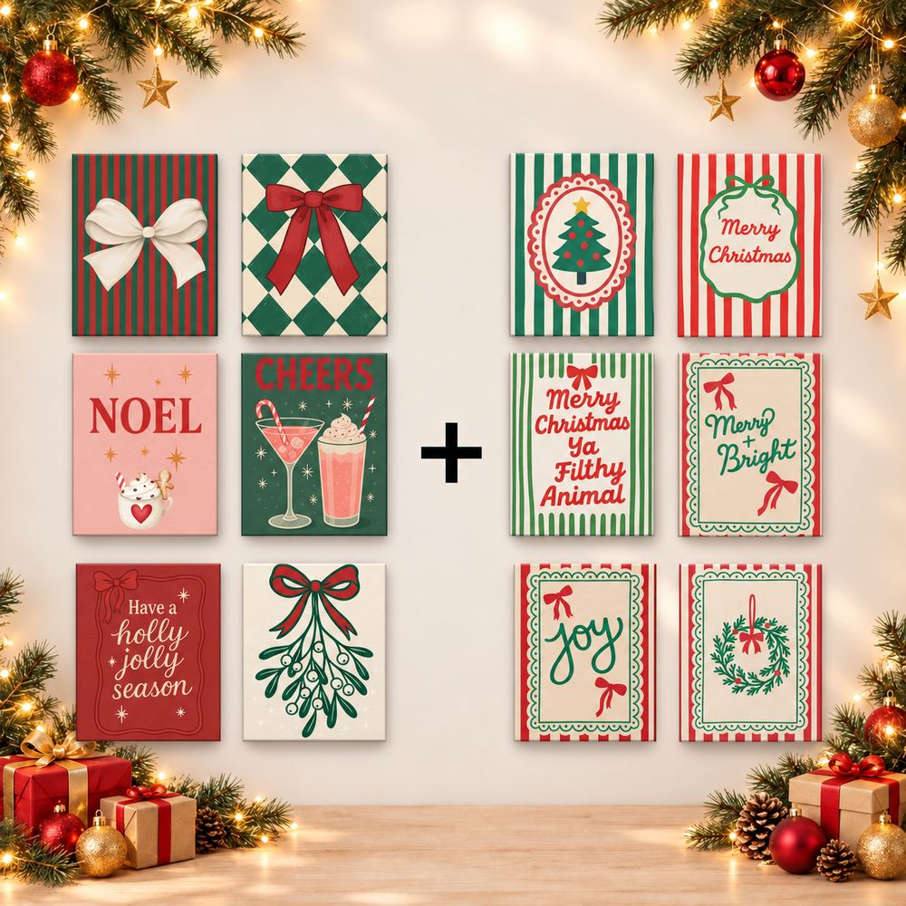 12 Mini-Gemälde | Weihnachtsschleifen & Streifen Bundle