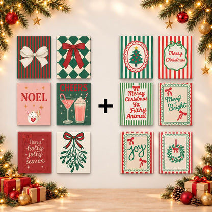 12 Mini-Gemälde | Weihnachtsschleifen & Streifen Bundle