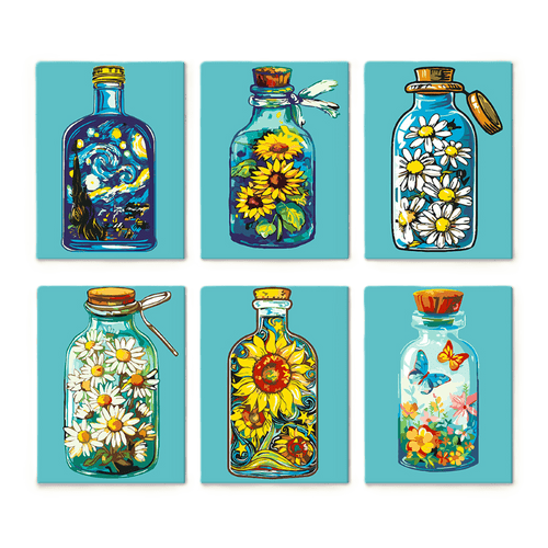 6 Mini-Gemälde | Bunte Flaschen