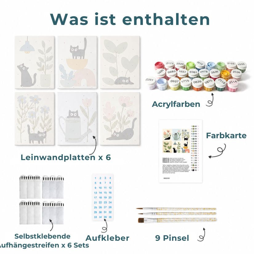 6 Mini-Gemälde auf Holzplatte – Katzen zwischen Pflanzen Set