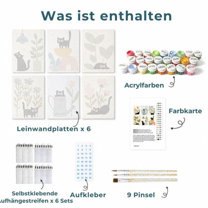 6 Mini-Gemälde auf Holzplatte – Katzen zwischen Pflanzen Set