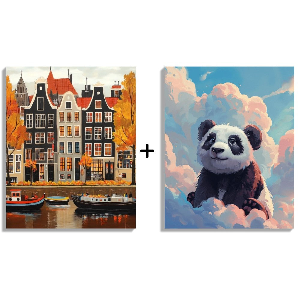 Malen nach Zahlen   Familienpaket – Schönes Amsterdam & Panda in den Wolken