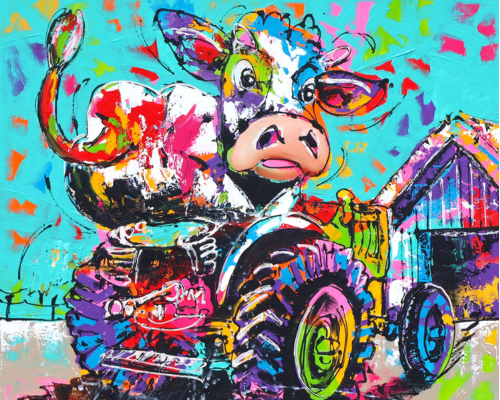 Fröhliche Malerei - Kuh auf Traktor