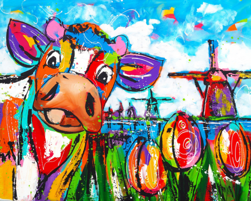 Fröhliche Malerei - Kuh mit Mühle