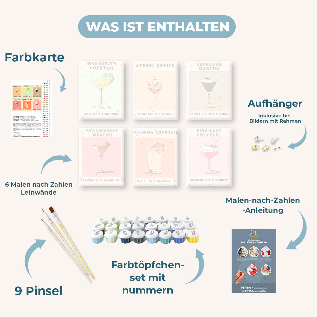 Malen nach Zahlen – 6 Mini-Gemälde | Cocktail Poster-Set