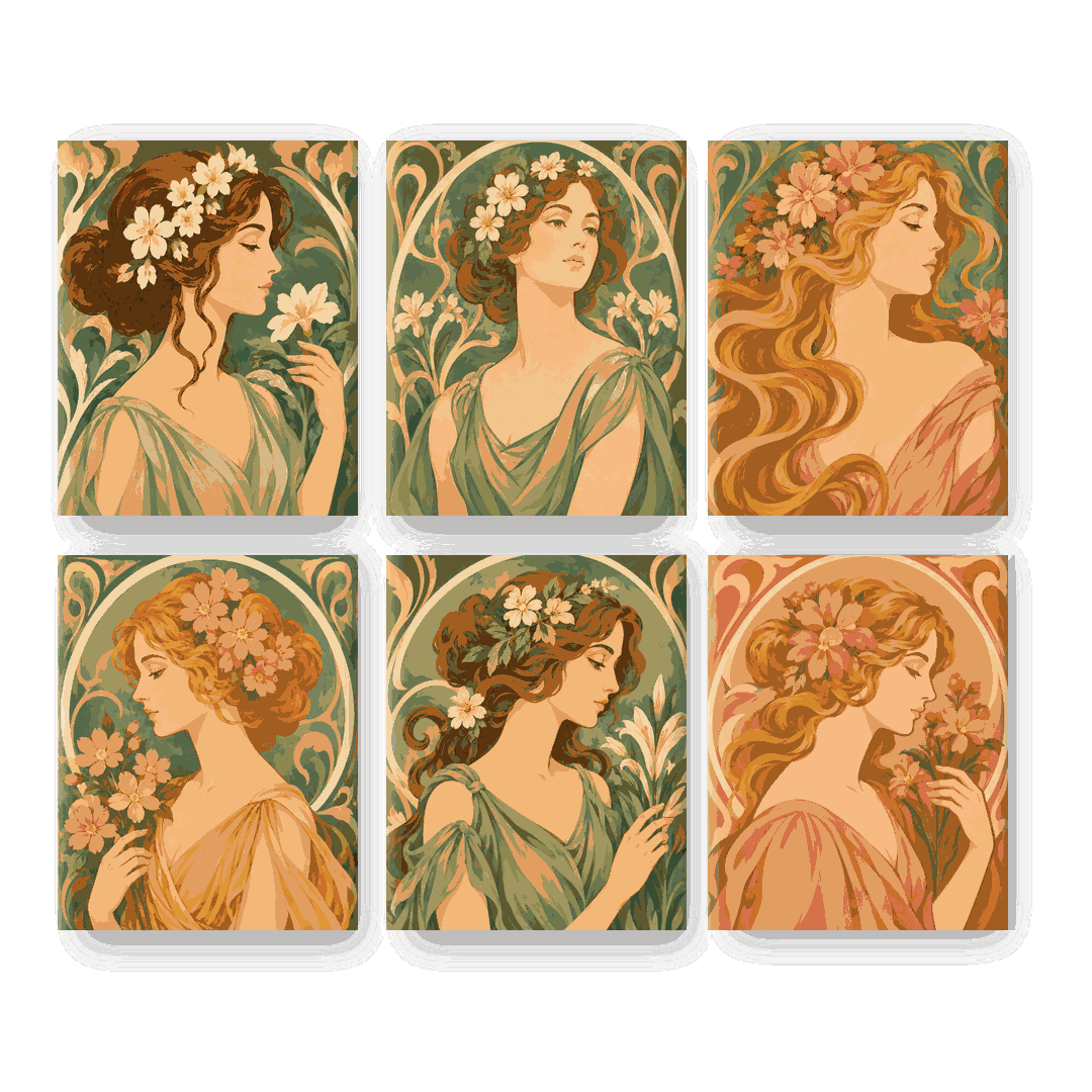 6 Mini-Gemälde | Jugendstil-Musen Set - Malen nach Zahlen