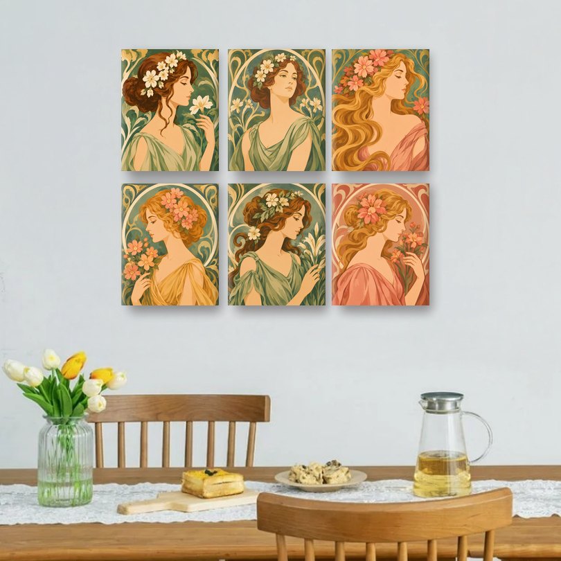6 Mini-Gemälde | Jugendstil-Musen Set