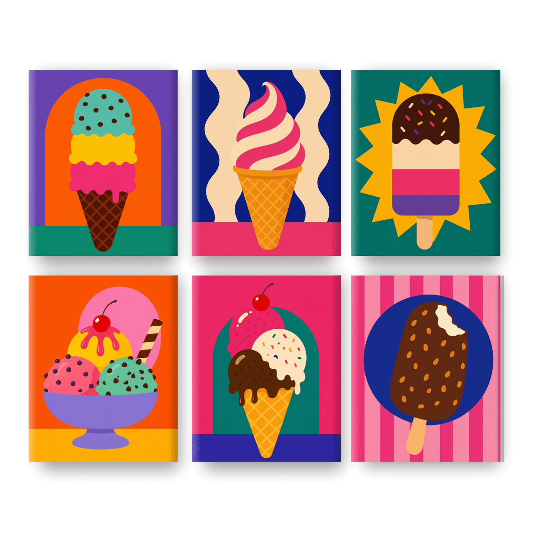 6 Mini-Gemälde | Knalliges Eis Set - Malen nach Zahlen