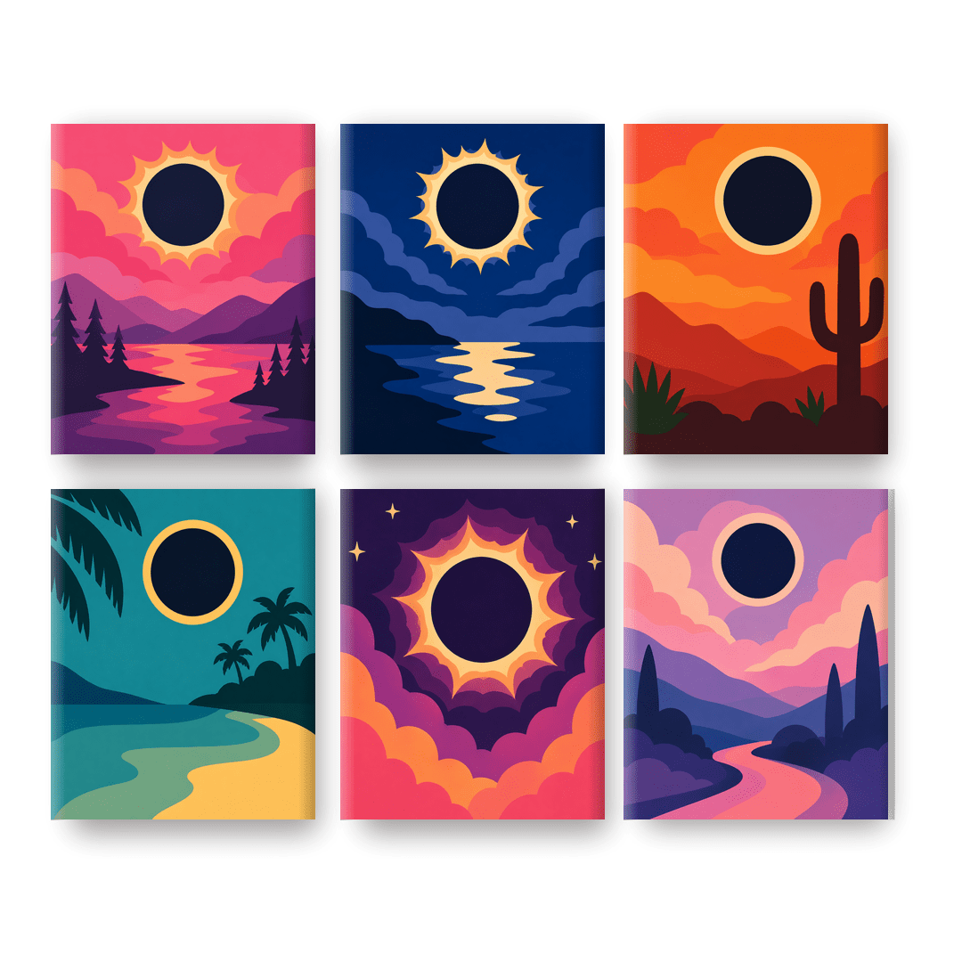 6 Mini-Gemälde | Sonnenfinsternis-Horizonte Set - Malen nach Zahlen