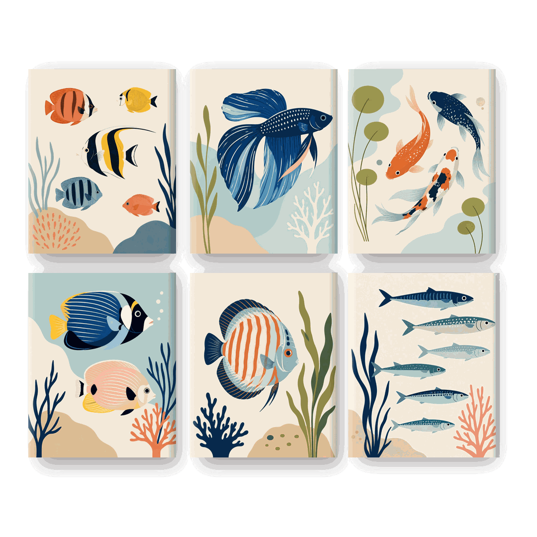 6 Mini-Gemälde | Schöne Fische Set - Malen nach Zahlen