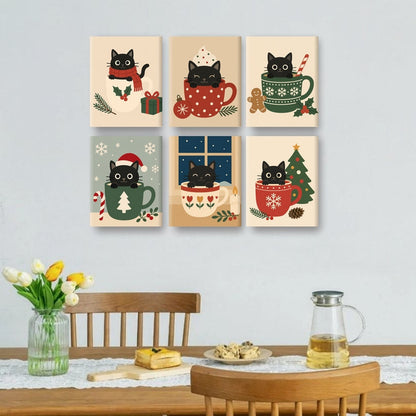 6 Mini-Gemälde | Schwarze Katze in Tassen Set