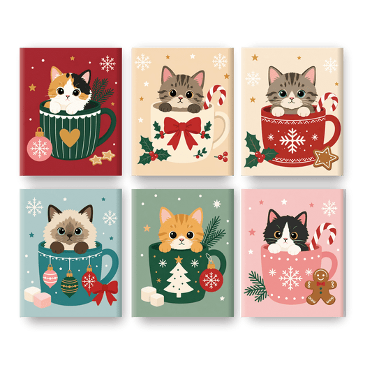 6 Mini-Gemälde | Katzen in Weihnachtstassen Set - Malen nach Zahlen