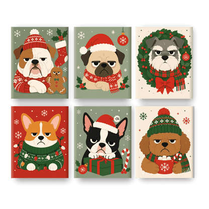 6 Mini-Gemälde | Mürrische Weihnachtshunde Set - Malen nach Zahlen