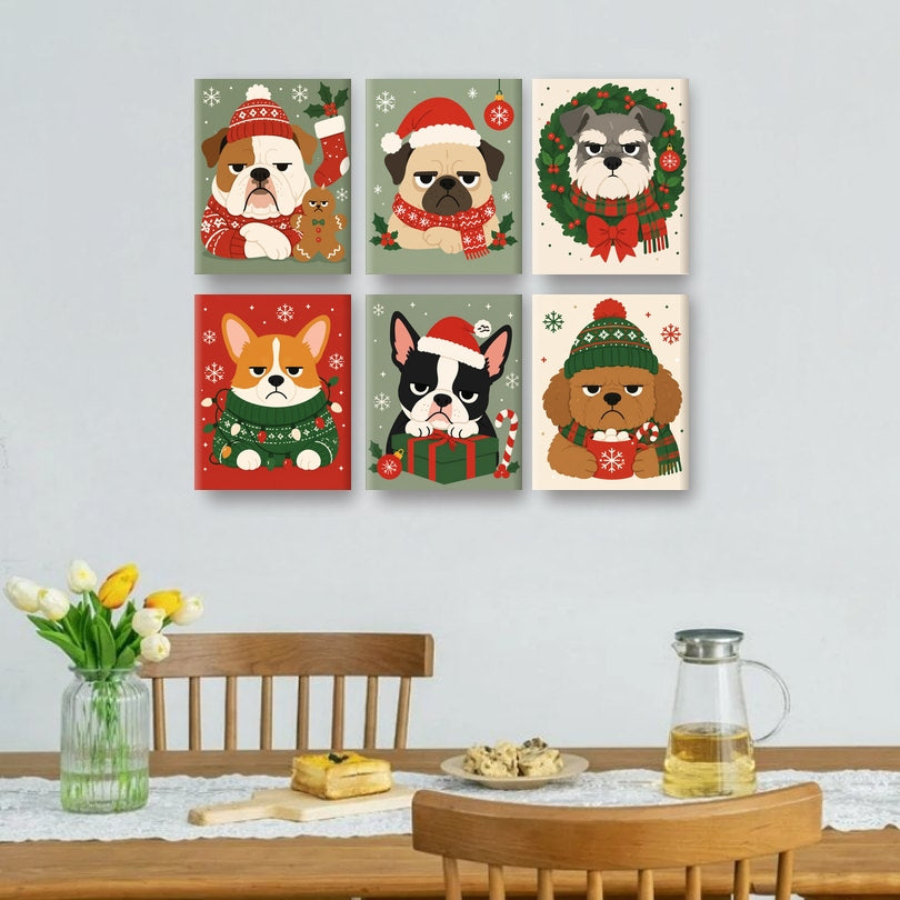 6 Mini-Gemälde | Mürrische Weihnachtshunde Set