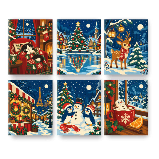 6 Mini-Gemälde | Weihnachtliche Nachtszenen Set - Malen nach Zahlen