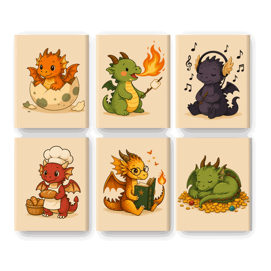 6 Mini-Gemälde | Kleine Drachenfreunde Set - Malen nach Zahlen