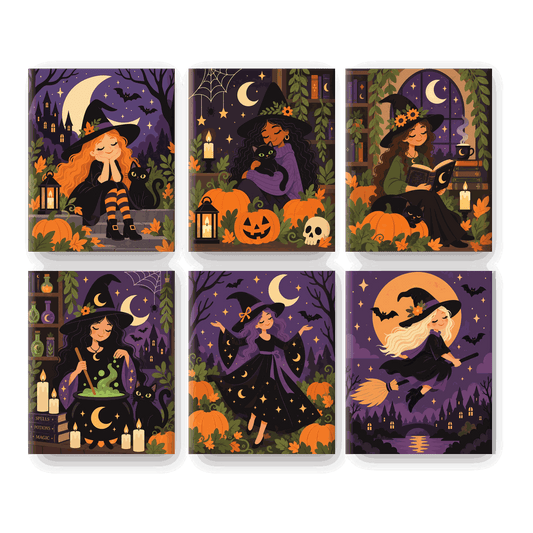 6 Mini-Gemälde | Halloween-Hexen Set - Malen nach Zahlen