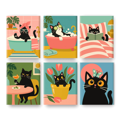 6 Mini-Gemälde | Katzen-Wellnesstag Set