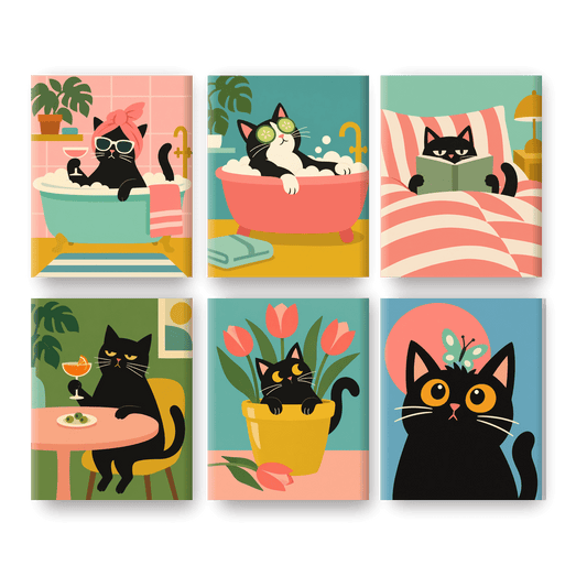 6 Mini-Gemälde | Katzen-Wellnesstag Set