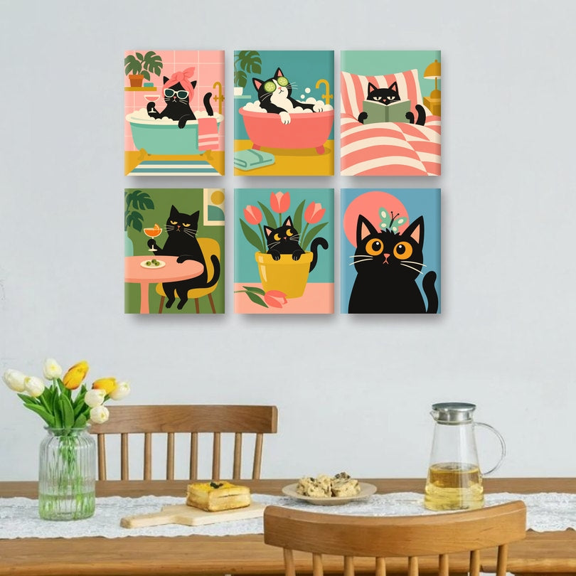 6 Mini-Gemälde | Katzen-Wellnesstag Set
