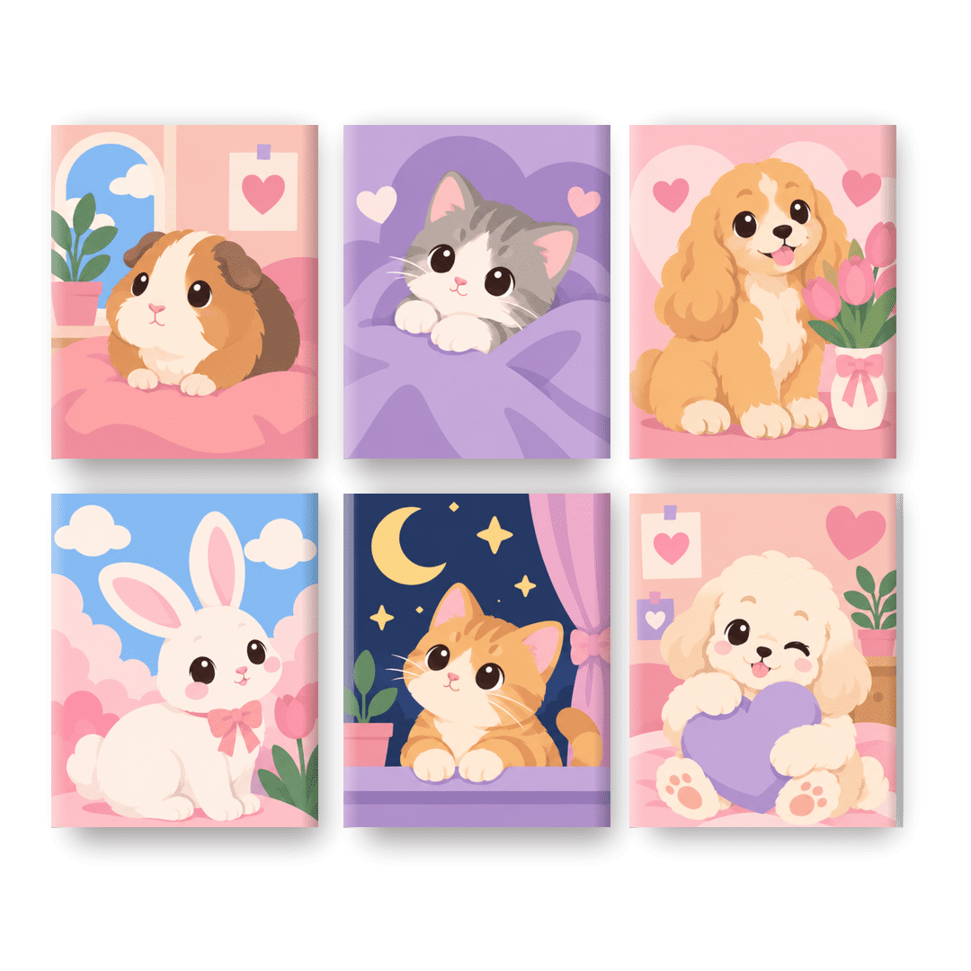 6 Mini-Gemälde | Kawaii-Haustierleben Set