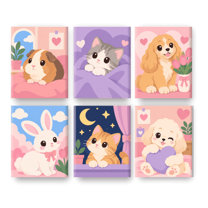 6 Mini-Gemälde | Kawaii-Haustierleben Set
