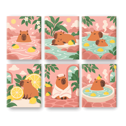 6 Mini-Gemälde | Zitronen-Spa-Capybaras Set