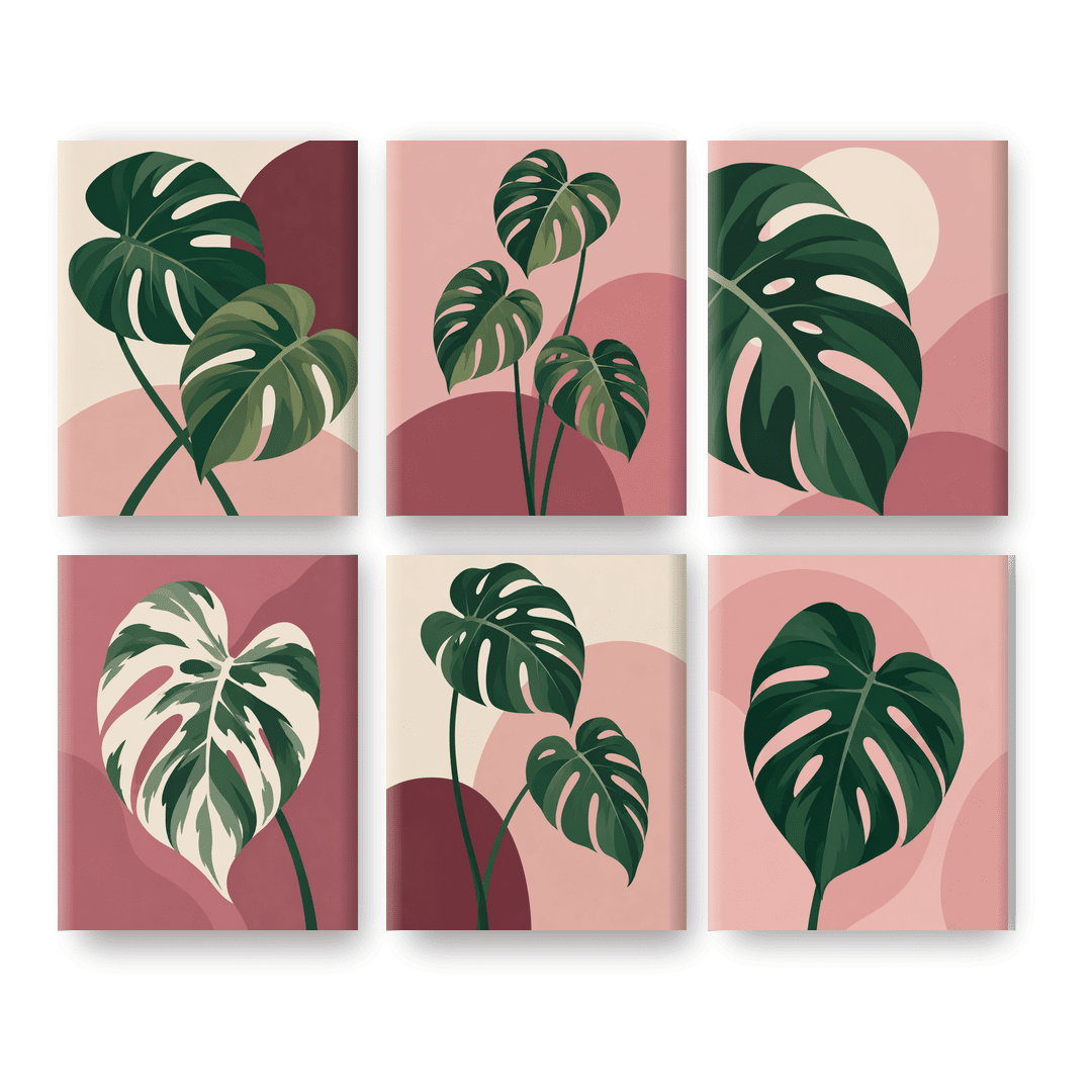 6 Mini-Gemälde | Monstera in Rosa Set