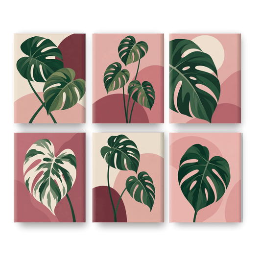6 Mini-Gemälde | Monstera in Rosa Set