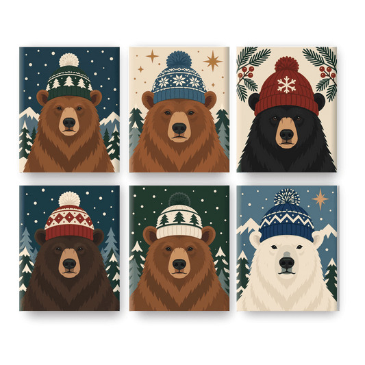 6 Mini-Gemälde | Bergbär im Winter Set