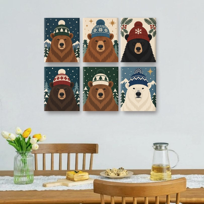 6 Mini-Gemälde | Bergbär im Winter Set
