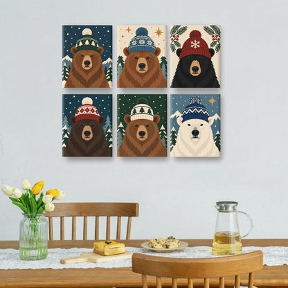 6 Mini-Gemälde | Bergbär im Winter Set
