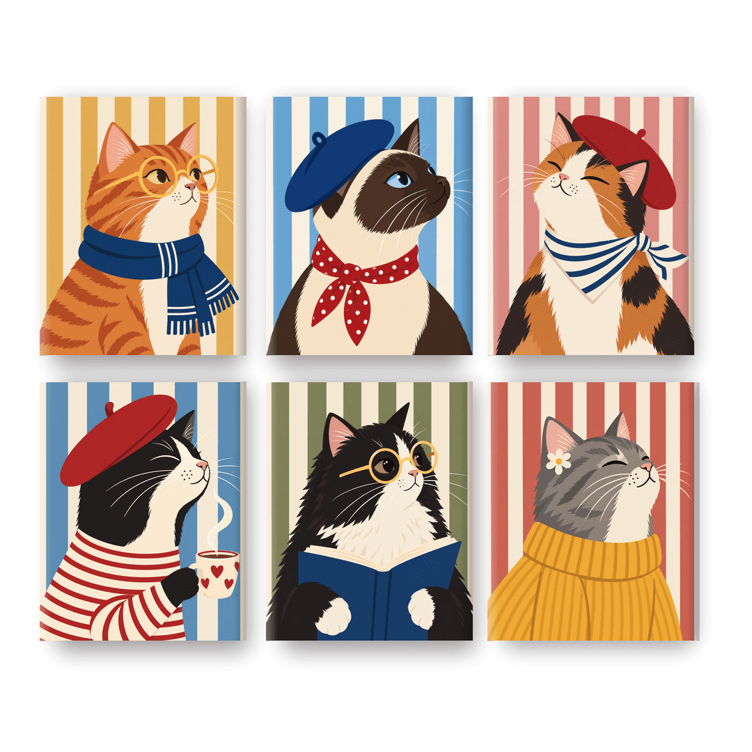 6 Mini-Gemälde | Pariser Katze Set