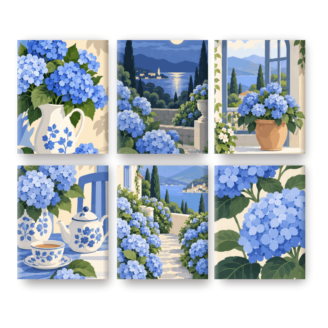 6 Mini-Gemälde | Blaue Hortensien Set
