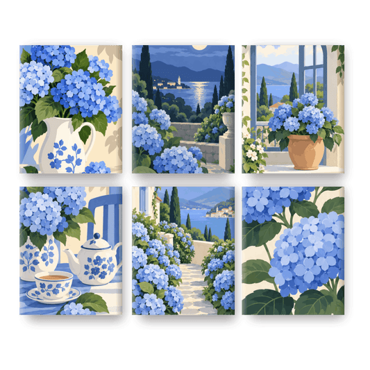 6 Mini-Gemälde | Blaue Hortensien Set