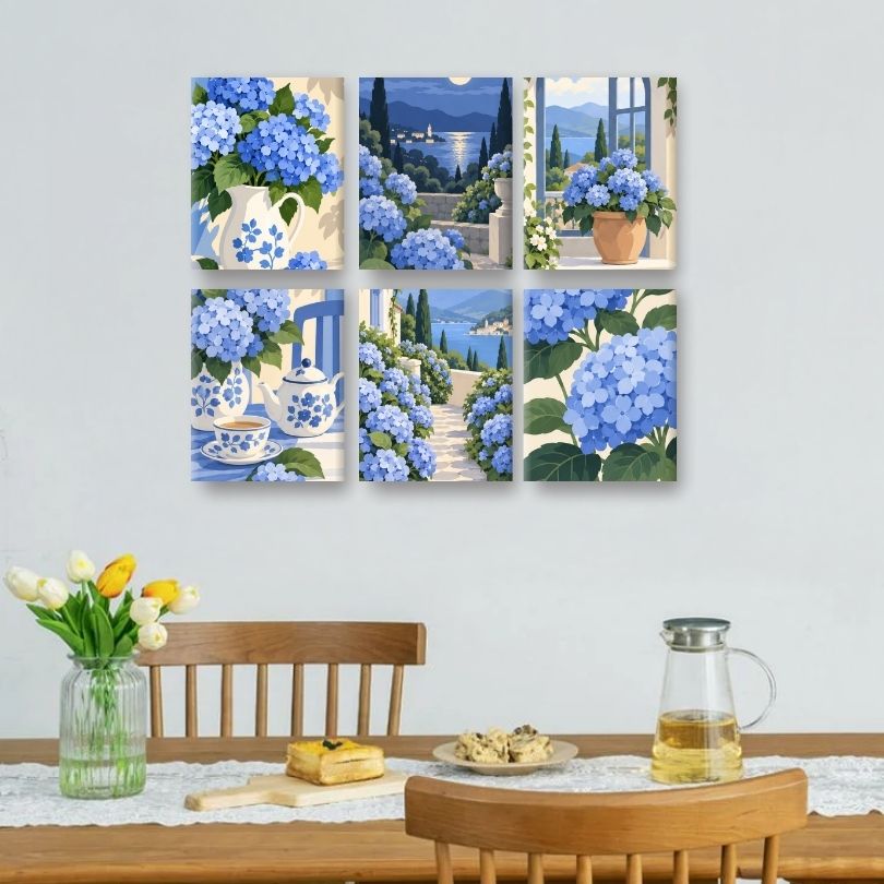 6 Mini-Gemälde | Blaue Hortensien Set