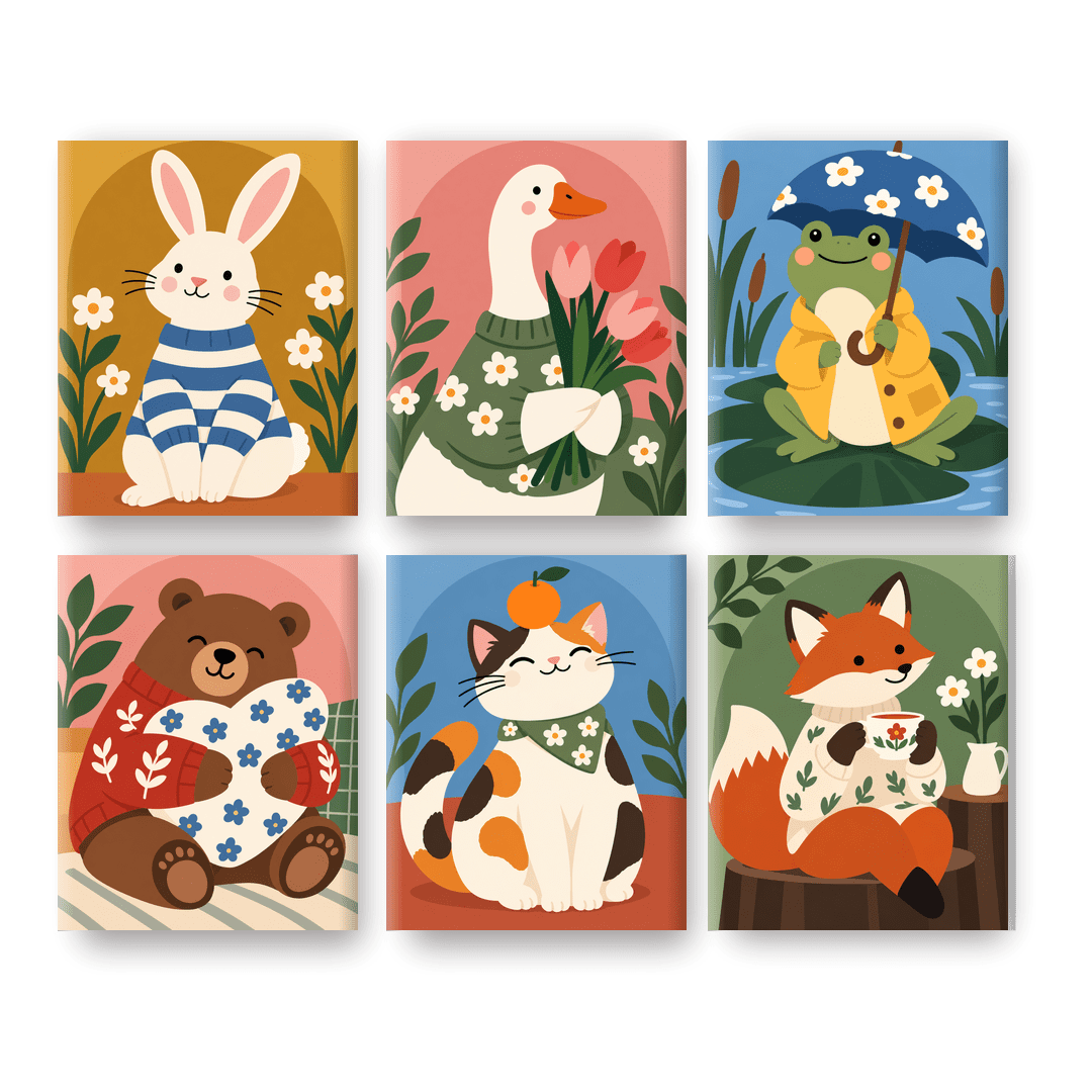 6 Mini-Gemälde | Gemütlicher Tierclub Set