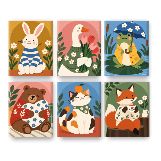 6 Mini-Gemälde | Gemütlicher Tierclub Set